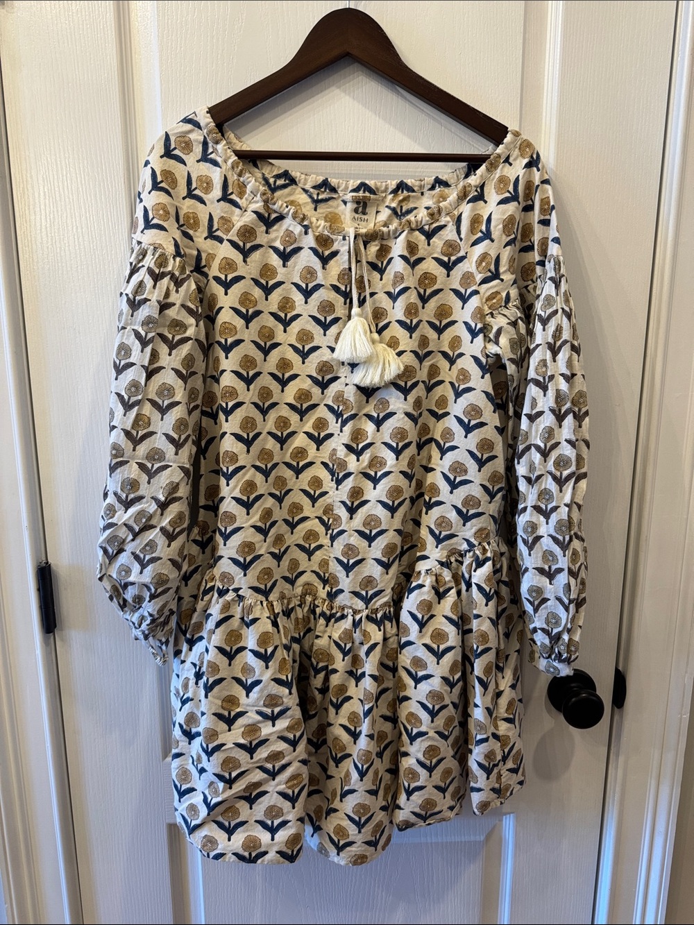 AISH Boho Tassel Mini Dress in Cream with Navy & Tan Floral Print